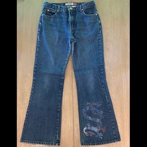 Vintage ‘90s Baxis flare jeans w/ faded dragon detail, size 11 (juniors)